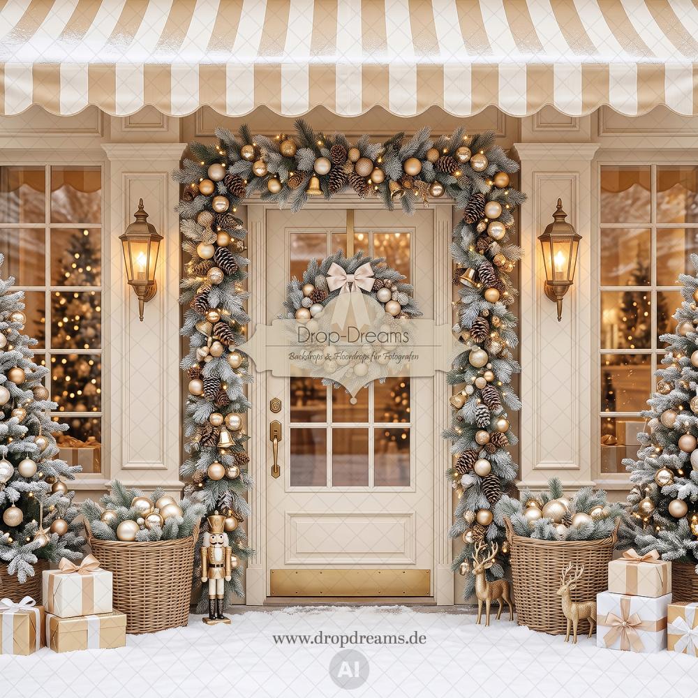 Weihnachts-Backdrop Golden Doorstep mit cremefarbener Hausfassade, goldenem Türarrangement und Nussknacker in Creme, Champagner und Gold von Drop-Dreams